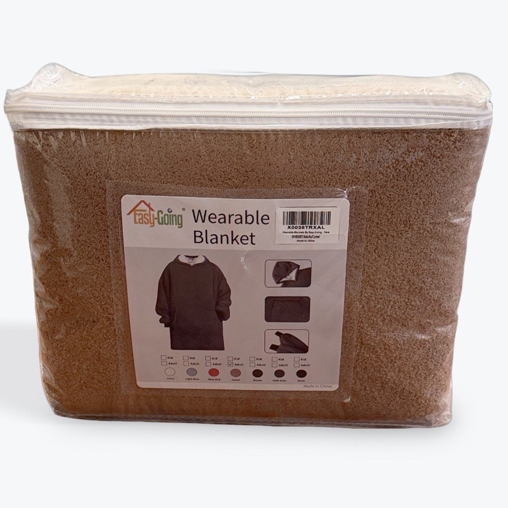 Easy Going Wearable Blanket Adult Camel Color Soft Plush Hooded Cozy